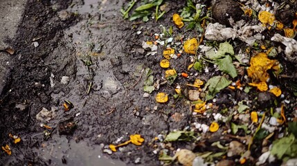 Obraz premium Debris and organic waste scattered in a wet urban environment depicting pollution in the city