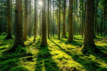 Obraz premium footpath in the forest with sunrays and tall green trees