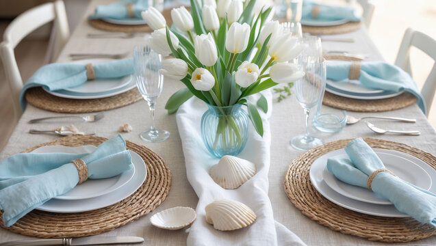 A serene coastal tablescape featuring delicate white tulips and light blue linen napkins, elegantly set on natural woven placemats with seashells adding a touch of coastal charm.