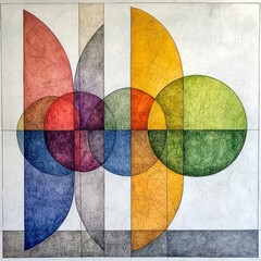 Abstract Geometric Composition with Overlapping Circles and Segments in Vibrant Hues