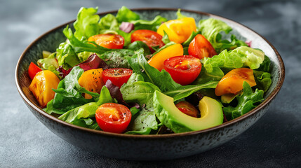 Bowl salad with avocado in a bowl on white isolated background