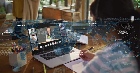 Animation of person in virtual meeting with global network connections overlay - Powered by Adobe