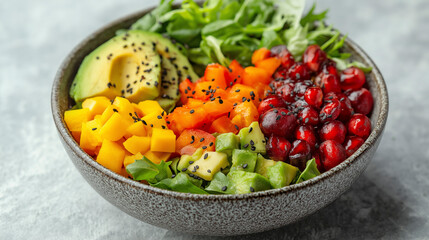Bowl salad with avocado in a bowl on white isolated background