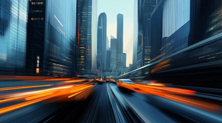Fototapeta premium A fashionable urban cityscape featuring dynamic motion blur of cars and the sky, conveying the fast-paced, modern energy of metropolitan life. The sleek movement of vehicles combined with the stylish 