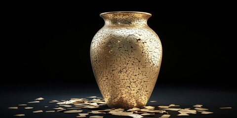 A detailed photograph displays a golden mosaic vase with broken pieces