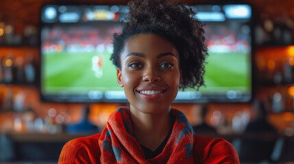 Confident woman in red scarf smiling at women’s sports bar with football match playing on big screen behind her