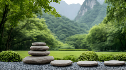 Serene stone stack in zen garden, mountains backdrop, peaceful landscape, meditation imagery