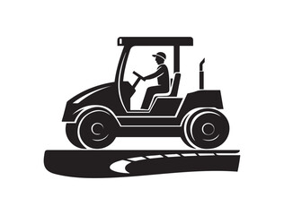 Road construction equipment, steam roller,  construction worker silhouette, black and white illustration