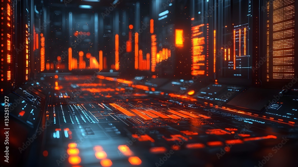 Poster futuristic workspace with glowing data analytics and visualization