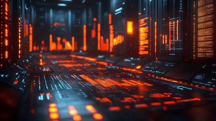 Futuristic workspace with glowing data analytics and visualization