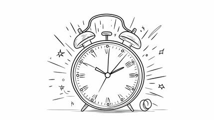 Sketch of vintage alarm clock ringing, time management concept, white background, website banner