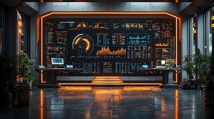 Futuristic workspace with advanced data analytics tools