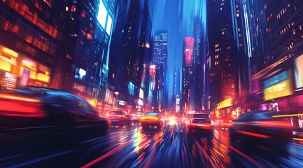 Obraz premium A fashionable urban cityscape featuring dynamic motion blur of cars and the sky, conveying the fast-paced, modern energy of metropolitan life. The sleek movement of vehicles combined with the stylish 
