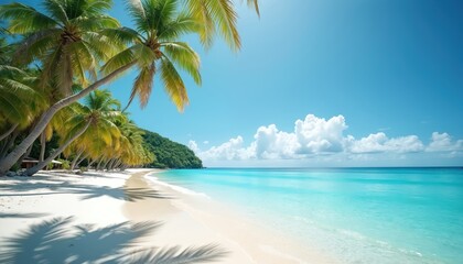 Tropical beach scene with clear turquoise water, white sandy shore, palm trees under bright blue sky. Sunny day, vacation paradise. Ideal holiday, travel, relaxation, eco tourism, summer escape.