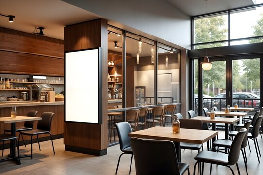Restaurant Interior with Blank Vertical Billboard Mockup