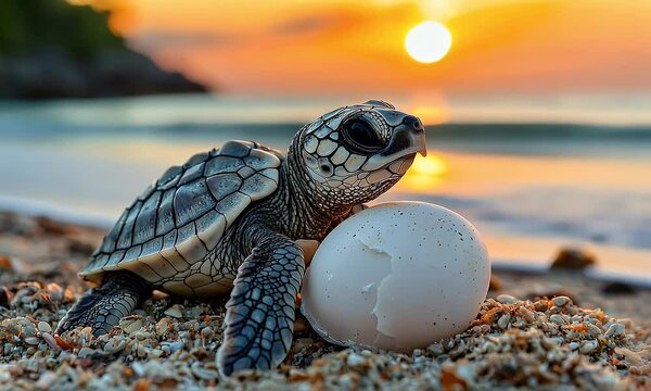 Baby sea turtle emerging from its shell at sunrise on the beach