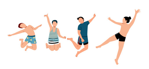 man  jumping excitedly wearing a swimsuit. 