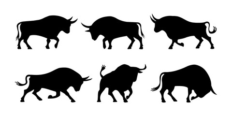 Bull Silhouettes Set – Powerful Black Bull Icons in Various Poses.