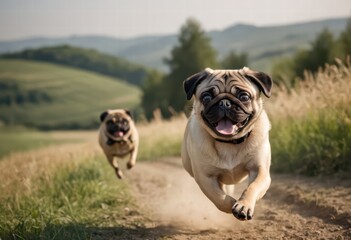 Obraz premium pug dog running on the countryside, funny doggy playing outdoors in the meadown, pet in the nature under the blue sky, in a beautiful sunny day