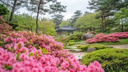 Obraz premium pink azaleas and a stone path in a garden with a pavilion in the background. 
