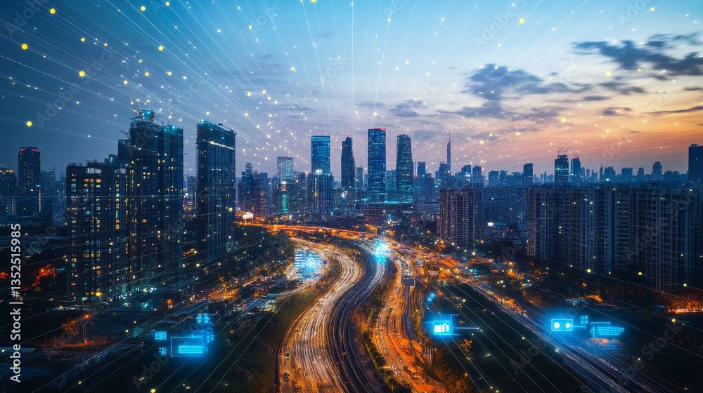 Poster smart city of cybersecurity digital data of futuristic and technology of the internet and big data o