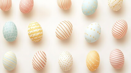 A set of Easter eggs with diverse patterns such as stripes, dots, and abstract designs on a beige background, adding a touch of elegance and charm to Easter - related creations.
