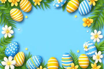 Blue background adorned with a border of Easter eggs, green leaves, and small flowers, creating a fresh and inviting look for Easter - themed visuals and decorations.