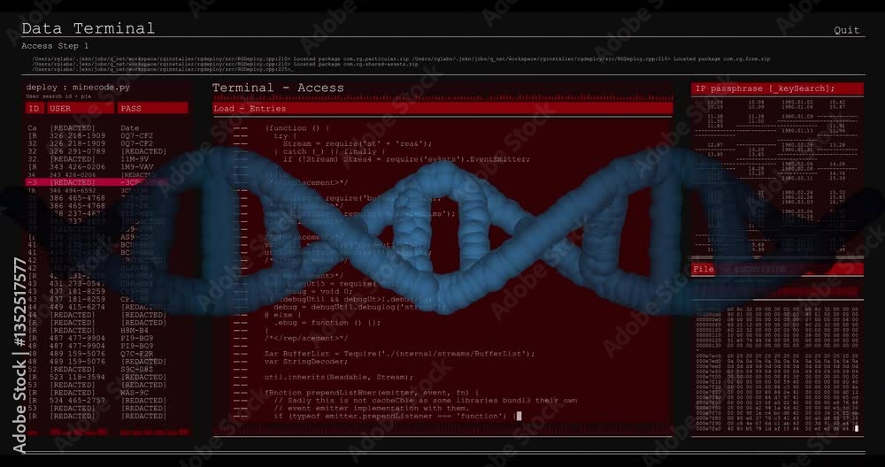 Poster animation of dna strand overlaying computer code on red terminal screen
