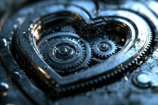 Detailed close up of a mechanical heart with gears and metal