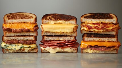 A selection of gourmet grilled cheese sandwiches with different fillings.