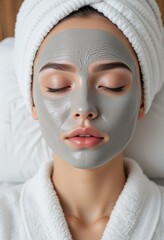 serene woman with gray clay face mask enjoying spa treatment