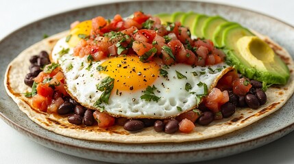 Mexican huevos rancheros fried eggs served on a tortilla topped with tomato salsa avocado slices and black beans isolated on a white background bold and flavorful breakfast