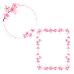 Digital spring frame with pink flowers and sakura petals.