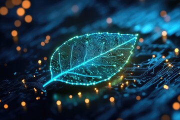 Illuminated leaf graphic on circuit board, glowing network background.  Possible use sustainable technology