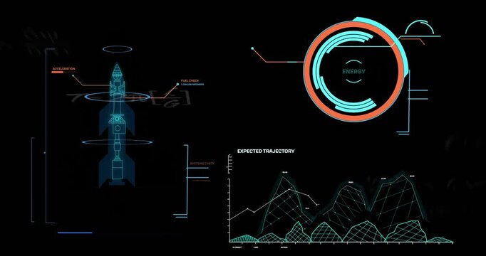 Animation showing rocket launch data with energy levels and trajectory graphs