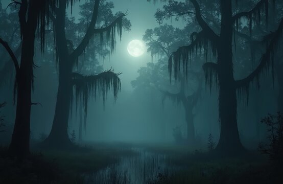 Enchanted midnight swamp under moonlight, creating eerie atmosphere. Mystical trees covered in moss. Fog veil, reflecting moonlight in water. Wild outdoors, tranquil nature landscape, dreamlike night
