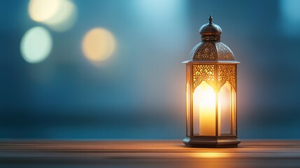 Elegant lantern casting warm light on a wooden table in a serene setting