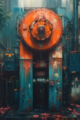 Weathered, towering machine with striking orange and blue hues
