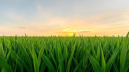 Fototapeta premium Sunset over lush green field, calm sky, nature background, perfect for agriculture or environmental themes