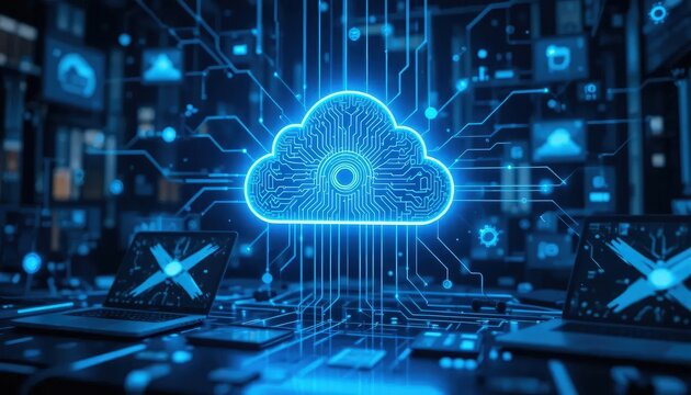 A cloud computing technology concept illustrates the delivery of computing services over the internet, enabling flexible resources, scalable solutions, enhanced collaboration for users and businesses.