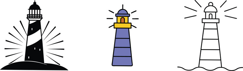 Lighthouse Illustrations Black, Blue, Outline, Coastal, Beacon, Navigation, Sea, Ocean, Guide, Tower