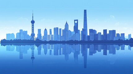 Fototapeta premium A blue-toned cityscape with floral arrangements reflecting in a serene setting, creating a unique blend of commerce and nature. The image captures a commercial atmosphere with a minimalist design, whe