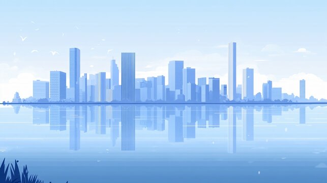 A blue-toned cityscape with floral arrangements reflecting in a serene setting, creating a unique blend of commerce and nature. The image captures a commercial atmosphere with a minimalist design, whe