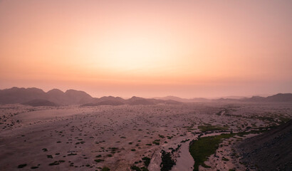 Evening mood over the vast, lonely landscape in Namibia's Damaraland -an aerial view