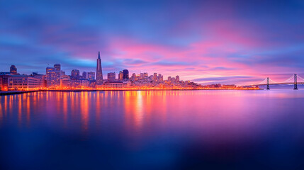 Fototapeta premium Vibrant sunrise cityscape, waterfront reflection, tranquil bay, city skyline