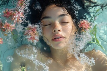Woman, eyes closed, floats in clear water, surrounded by pink flowers