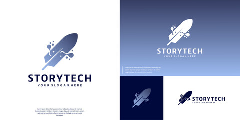pen feather silhouette logo with modern technology style, molecular flakes, signature, vector graphic design.