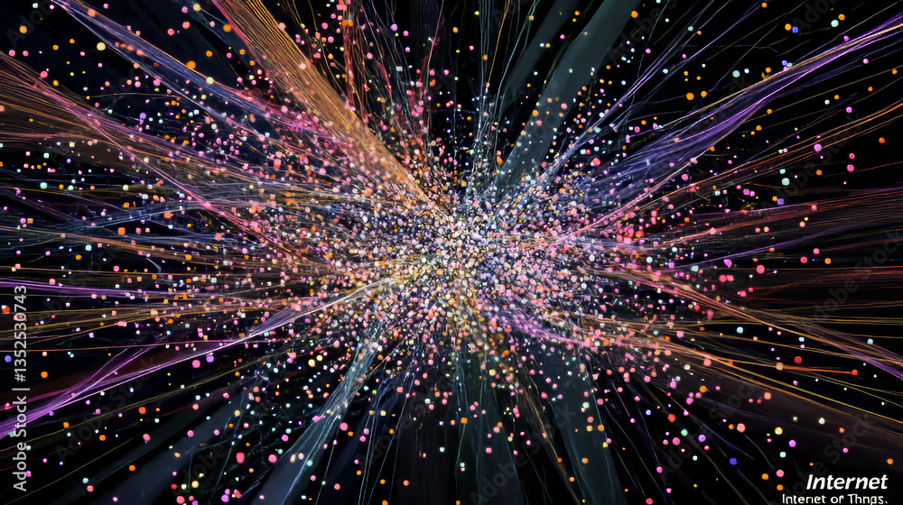 Poster abstract technology connected internet network with polygonal multicolored dots and lines with dark 
