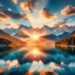 Impressive summer sunrise on Eibsee lake with Zugspitze mountain