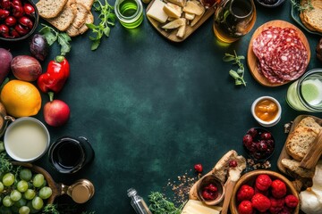 Gourmet Food and Drinks Display Against Dark Green Background